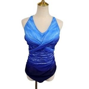 One Piece Swimsuit Large Ocean Blue Ombre Twist Front Ruched Vacation Poolside